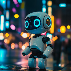Naklejka premium Cute futuristic robot with glowing eyes in neon city