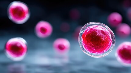 Detailed Scientific 3D Render of Red Virus Cells on Dark Gradient Background with Focus on Cellular Structure and Pink Hue Under Subdued Lighting