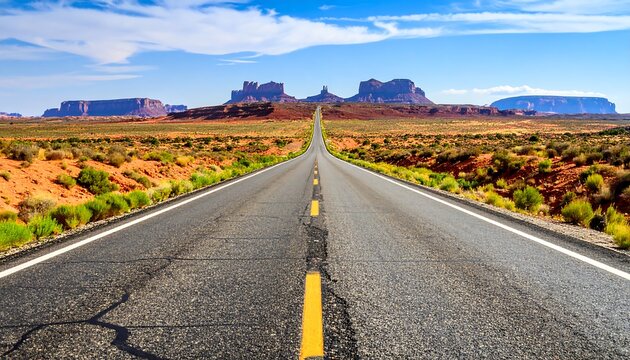 Straight road disappearing into distant mountains