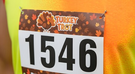 Close-up of a Turkey Trot race bib with number 1546 pinned to a runner's bright orange shirt.