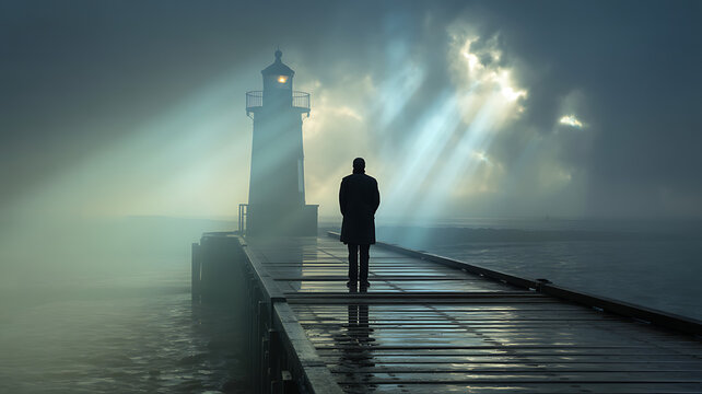 Solitary figure contemplates the vast ocean under dramatic lighthouse beams through misty fog.