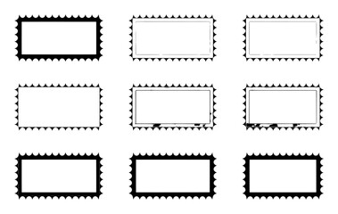 Collection of nine rectangular postage stamp frames with perforated edges