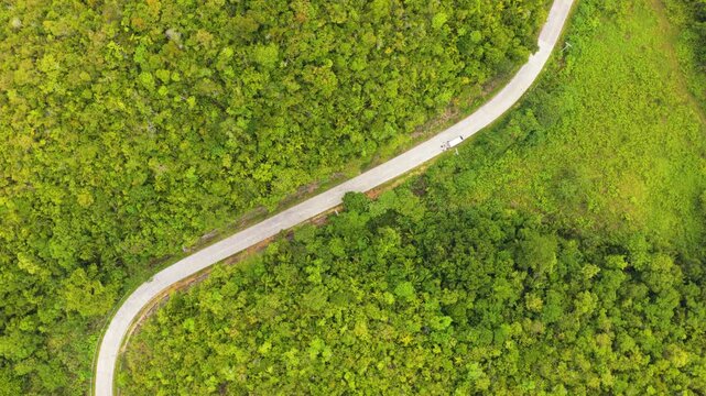 Scenic cinematic Top-down Bird's eye view drone video of a road in Loboc, Bohol, Philippines with jungle