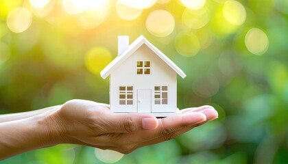 Hands Gently Holding Small White House Model Against Sunny Green Bokeh Background
