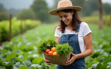 Female farmer gathering fresh vegetables on her farm. High quality