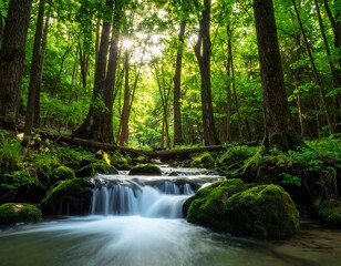 Sunlight streams through a lush forest, illuminating a cascading brook