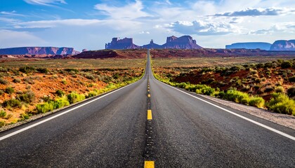Straight road through desert landscape