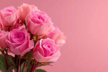 Fototapeta premium A soft, close-up view of two pink roses with delicate water droplets, symbolizing love, romance, grace, and natural beauty in bloom.