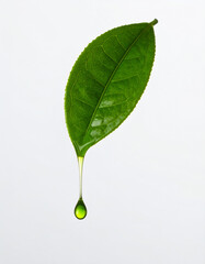 Fototapeta premium A single green tea leaf with a droplet of liquid dripping from its tip, isolated against a white background