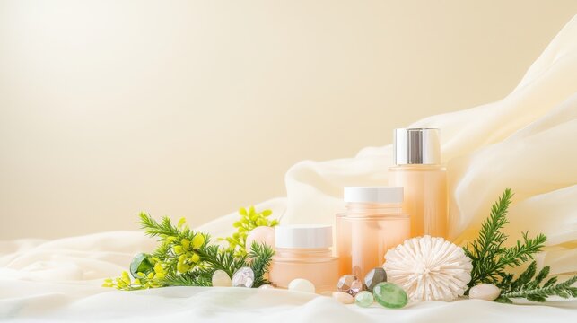 A serene display of upscale skincare products arranged on a light-colored fabric drape, with gentle shadows casting a calming effect. Accents of greenery and soft gemstones surround the products,