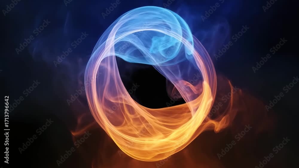 Poster dynamic energy portal animation with vibrant blue and orange smoke flowing in a circular motion agai