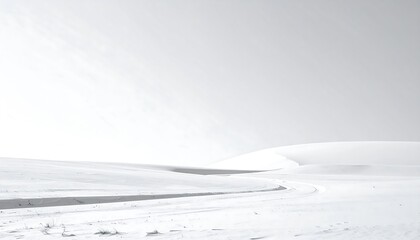 A pristine, monochrome landscape reveals gentle snow-covered hills under a bright, diffused light.