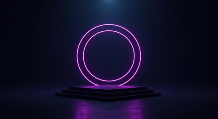 Neon circle portal on platform sci fi technology abstract
