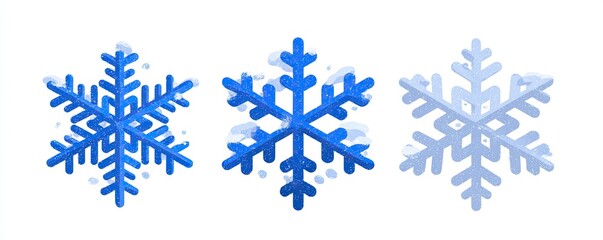 Three stylized snowflakes in varying shades of blue, set against a white background; each snowflake features a slightly different design and opacity