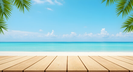 Fototapeta premium Serene Beach Scene with Turquoise Ocean White Sand and Wooden Planks in Bright Daylight