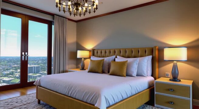 Luxury bedroom with king-size bed, chandelier, and city view