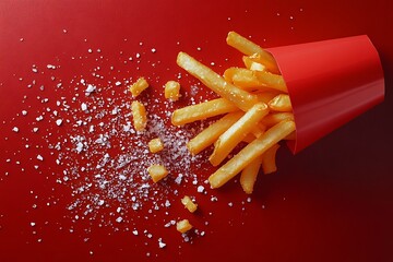 Overhead shot of french fries spilling out of a red paper container with salt on a vibrant red background, studio shot