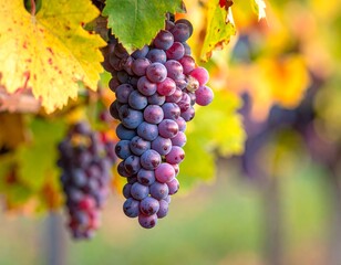 A cluster of plump purple grapes hangs from a vine. Autumn leaves frame the cluster