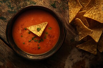 A bowl of tomato soup with tortilla chips on a rustic wooden table, a comforting and flavorful dish perfect for a cozy meal