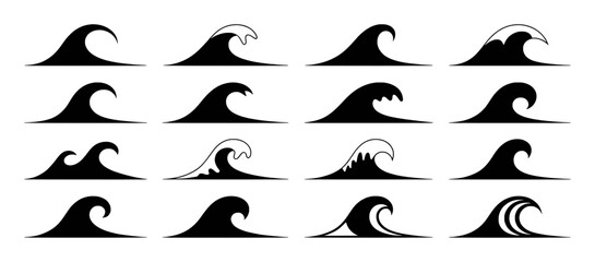Collection of Stylized Black and White Ocean Wave Icons