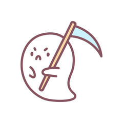 Cute ghost reaper icon. Funny little ghost dressed as a grim reaper with a big scythe. Doodle illustration isolated on white background. Kawaii halloween sticker. Vector 10 EPS.