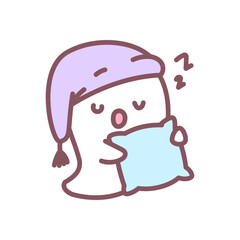 Cute sleeping ghost icon. Funny little ghost holding a pillow. Doodle illustration isolated on white background. Kawaii halloween sticker. Vector 10 EPS.