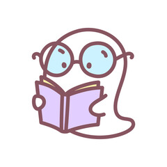 Cute ghost with book icon. Funny little ghost wearing big glasses and reading a book. Doodle illustration isolated on white background. Kawaii halloween sticker. Vector 10 EPS.