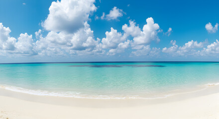 Serene Clear Turquoise Water and White Sandy Beach Under Sunny Blue Sky with Clouds