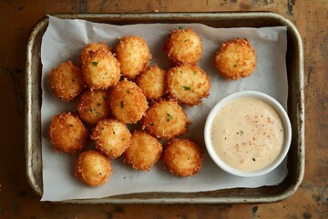 Overhead view of golden fried potato balls served with creamy dipping sauce on a rustic metal tray, ideal for party appetizer