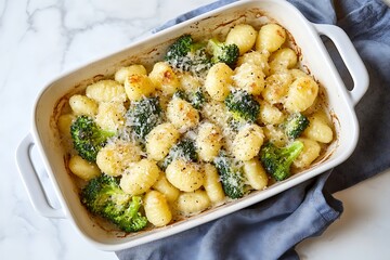 Delicious baked gnocchi with broccoli and parmesan cheese in a white baking dish, a tasty and comforting vegetarian meal ready to be served