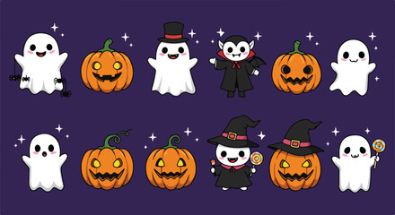 Cute pumpkins and ghosts characters, funny halloween icons, smiling spirits, spooky party decoration, carved faces, autumn creepy mascot, cartoon vector illustration.eps