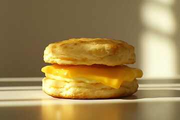 A closeup of a biscuit breakfast sandwich with cheese on a white surface, illuminated by natural light, perfect for a quick meal