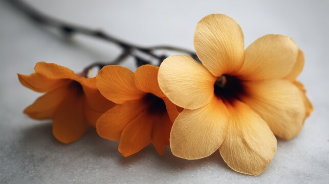 Bright orange thunbergia flowers with dark centers against a clean white background in natural light create a minimalist botanical design