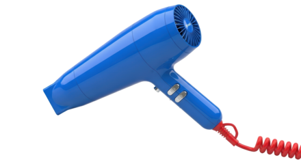 Isolated blue hairdryer with red power cord ready for styling, appliance for women or men