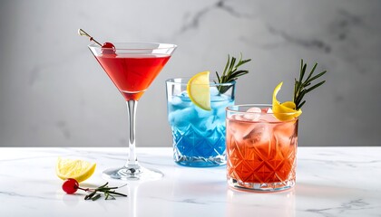 Colorful cocktails on a marble surface