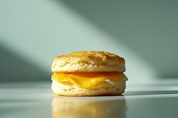 Delicious biscuit sandwich with cheese on a white table, illuminated by a soft light, creating a visually appealing and appetizing composition