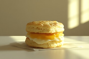 Appetizing biscuit sandwich with egg and cheese on a white surface, bathed in warm sunlight, creating an inviting and comforting food image