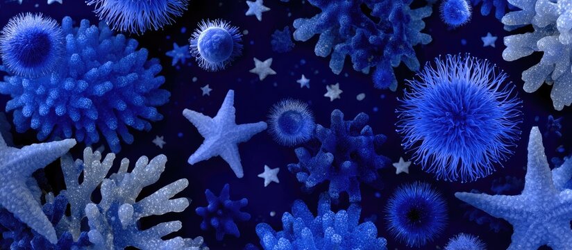 Abstract blue shapes resembling microorganisms and star shapes against a dark blue background - Powered by Adobe
