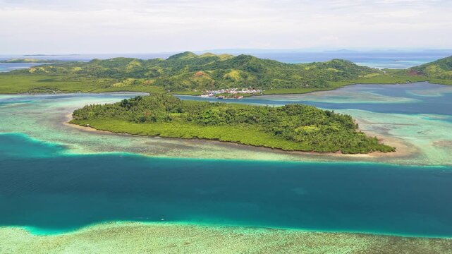 Scenic Cinematic aerial drone video of Siargao island with East Bucas Island and Bancuyo Island, Dapa, Surigao den Norte, Mindanao, Philippines