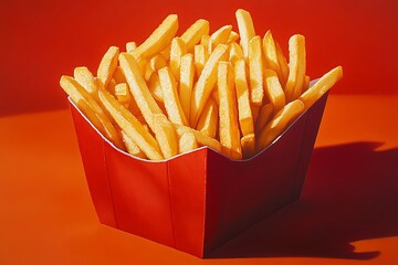 Golden and crispy french fries served in a classic red paper container, a tasty and satisfying fast food snack, perfect for a quick bite