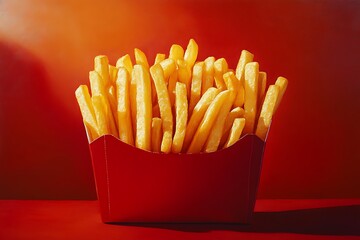 A tempting box of golden and crispy french fries, a classic fast food indulgence, perfect for a quick and satisfying snack on the go