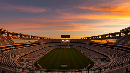 Fototapeta premium Vast empty sports stadium bathed in the warm glow of a vibrant sunset, ready for a grand event.