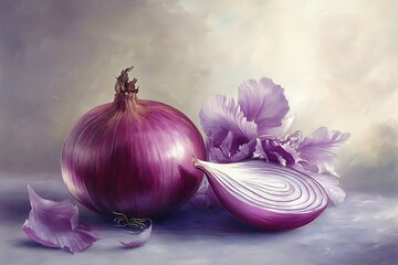 A serene still life featuring a red onion, onion slice, and purple flower against a muted background, evoking a sense of calm and natural beauty