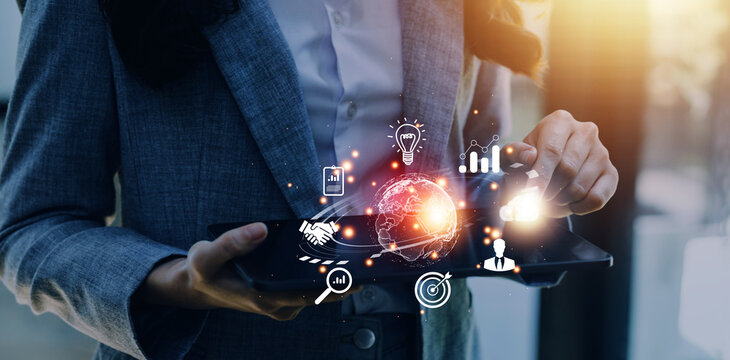 woman Hand holding virtual Global Internet connection metaverse. Business global internet connection application technology and digital marketing, Financial and banking, Digital link tech, big data.