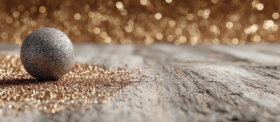 Silver glitter ball rests on wood, gold glitter, and blurred gold bokeh background