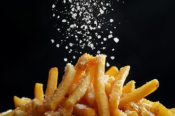 Closeup of french fries being sprinkled with salt against a black background, creating a dynamic and appetizing food photography scene