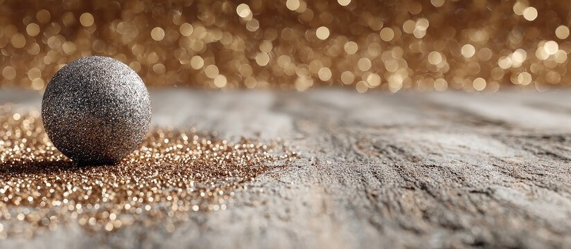 Silver glitter ball rests on wood, gold glitter, and blurred gold bokeh background