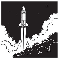 Fototapeta premium A powerful rocket launches into the night sky, surrounded by billowing clouds and twinkling stars, isolated on white background, symbolizing ambition and the wonders of space exploration