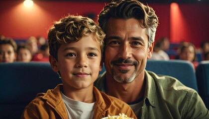 Father and son enjoy a  together in a cinema, filled with a warm and happy atmosphere.