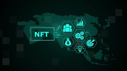 NFT Non-fungible token digital crypto on virtual screen. Digital world map technology background. - Powered by Adobe